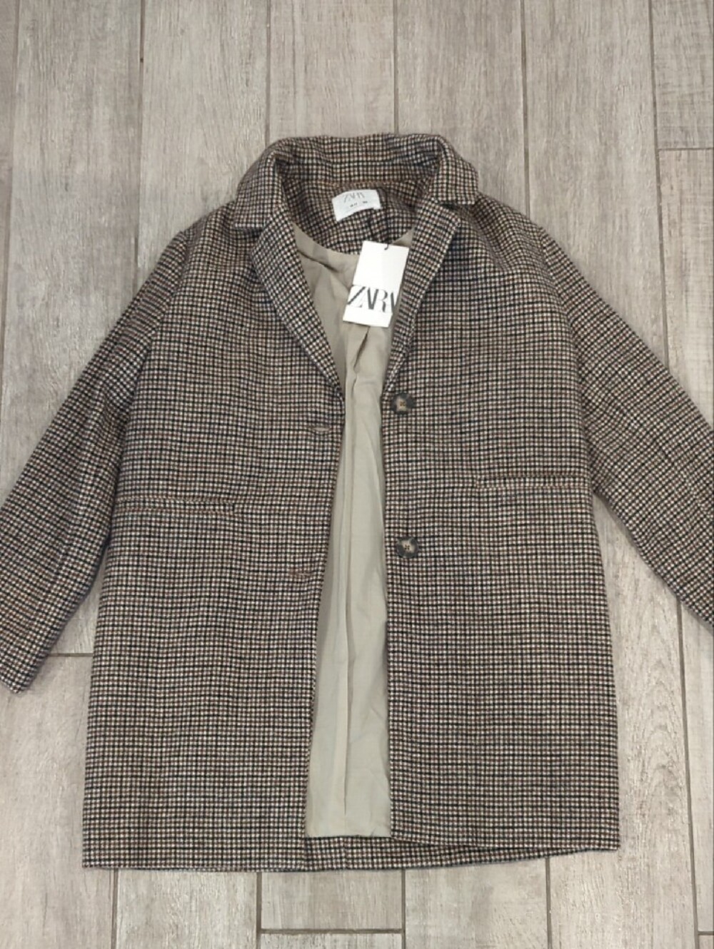 ZARA Tweed Blazer in Brown and Cream with Navy Accents